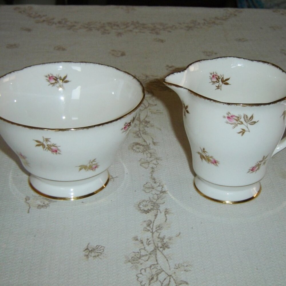Royal Stafford pink Rosebud gold leaves large cream and sugar VGU